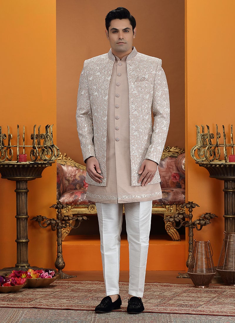 Elegant Onion Pink Silk Sequins Embroidered Thread Indowestern Sherwani Wedding Wear