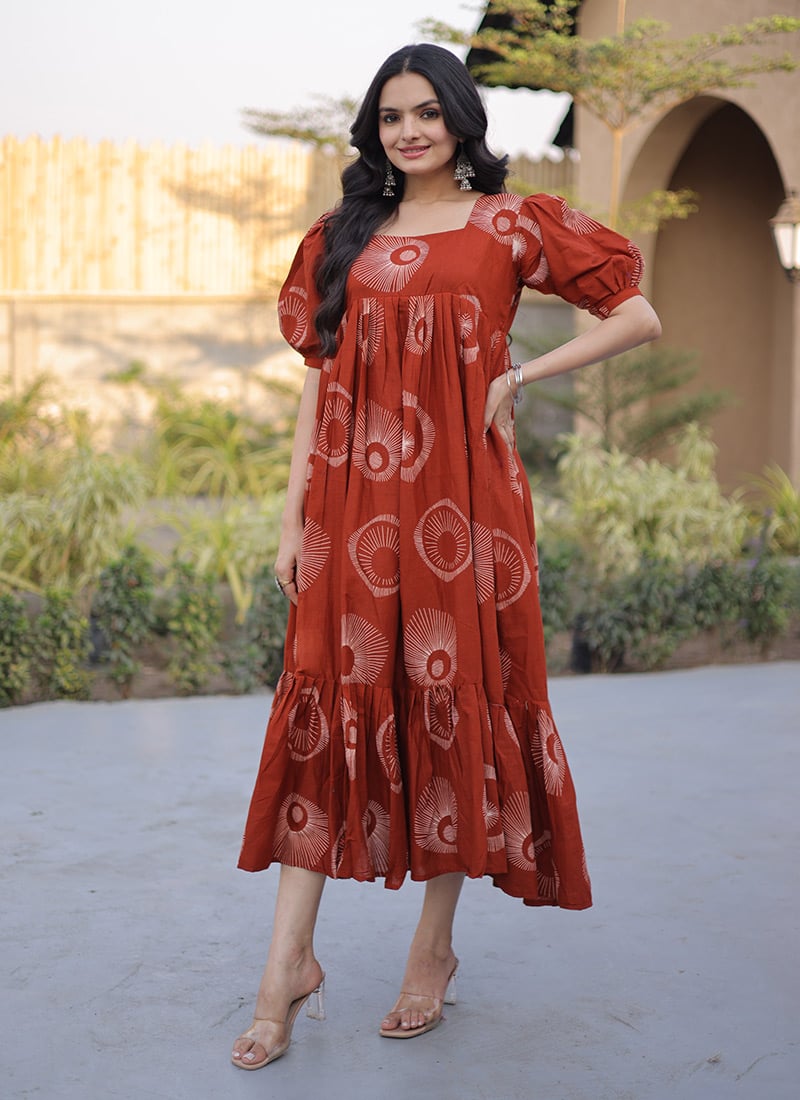 Elegant Orange Cotton Printed Fit And Flare Dress After Six Wear