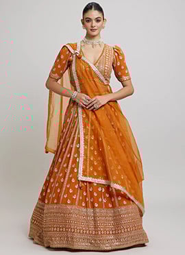 Elegant Orange Faux Georgette Sequins Zari Embroidered Umbrella Lehenga