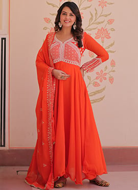 Elegant Orange Georgette Embroidered Sequins Beads Anarkali Suit