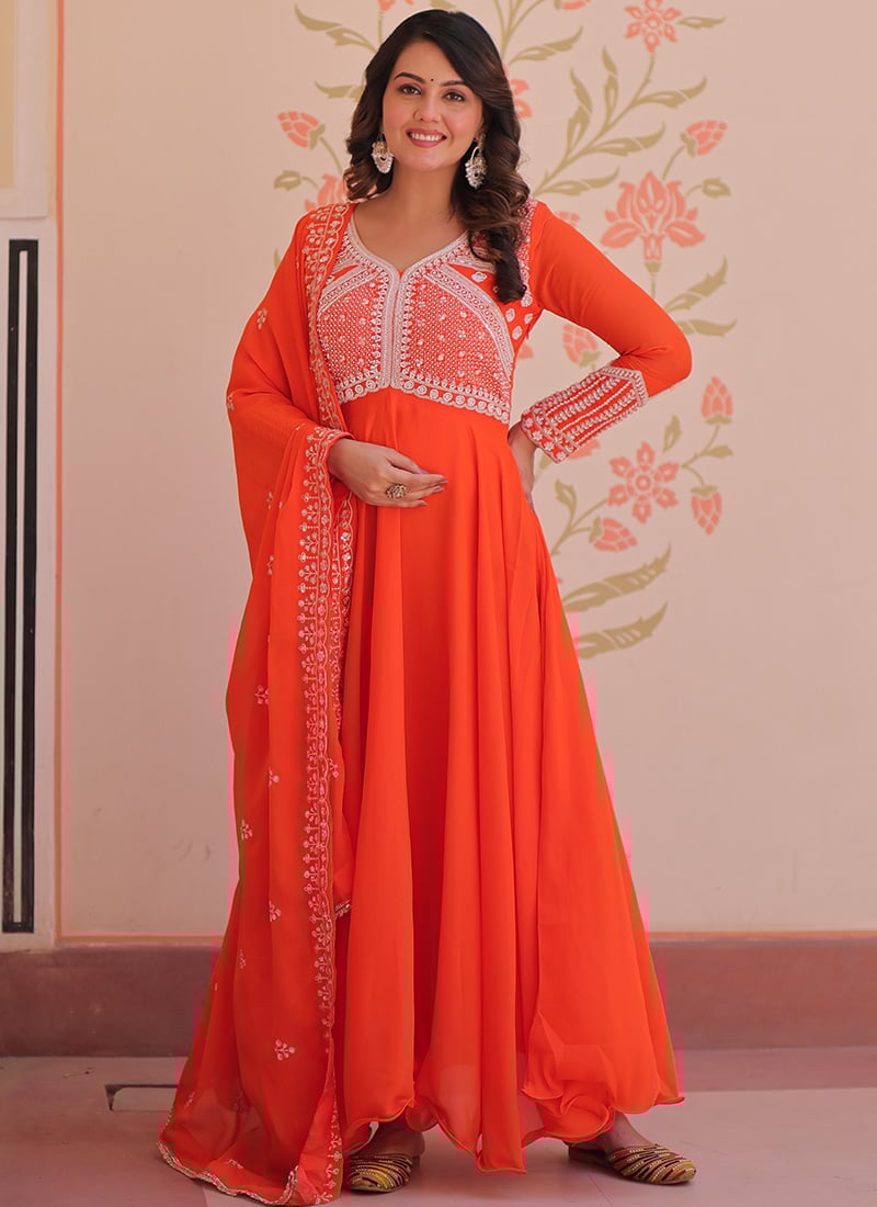 Elegant Orange Georgette Embroidered Sequins Beads Anarkali Suit Festive Wear