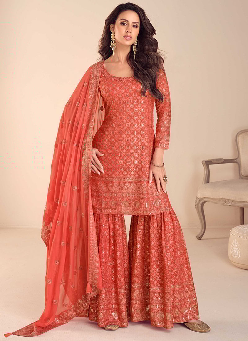 Elegant Orange Georgette Embroidered Sequins Mirror Work Thread Sharara Suit Festive Wear