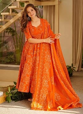 Elegant Orange Muslin Heavy Digital Printed Anarkali Suit