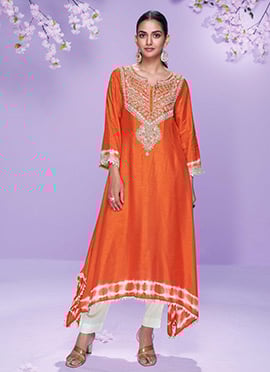 Elegant Orange Silk A Line Kurta Pant Set With Hand Embroidery And Sequins