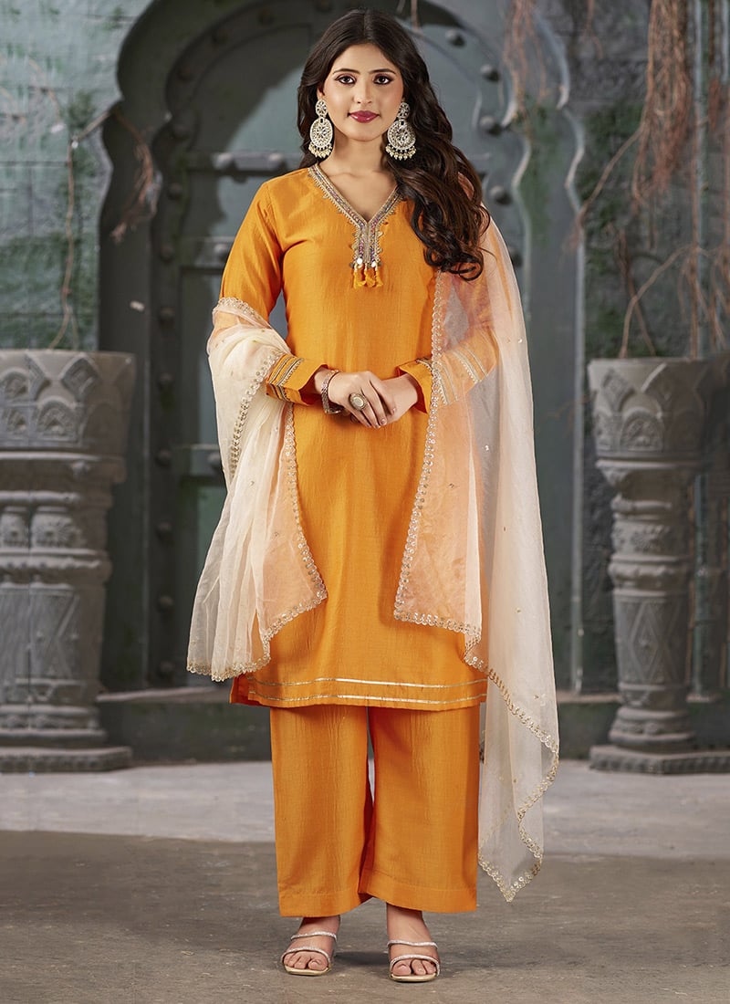 Elegant Orange Silk Embroidered Lace Straight Pant Suit Festive Wear