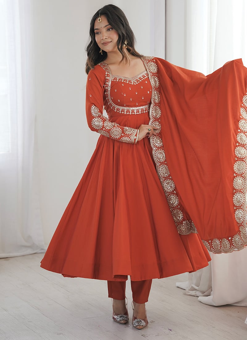 Elegant Orange Silk Embroidered Sequins Anarkali Suit After Six Wear