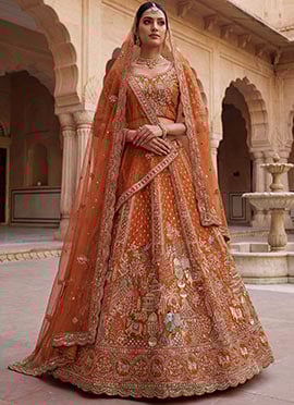 Elegant Orange Silk Embroidered Sequins Stone With Zari Work Lehenga