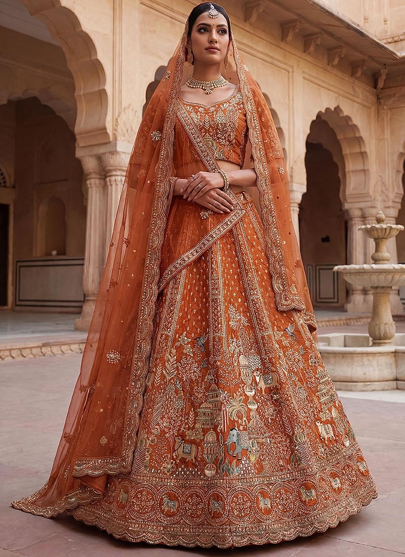 Elegant Orange Silk Embroidered Sequins Stone With Zari Work Lehenga Wedding Wear