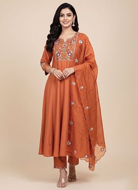 Elegant Orange Viscose Silk Embroidered Sequins Anarkali Suit