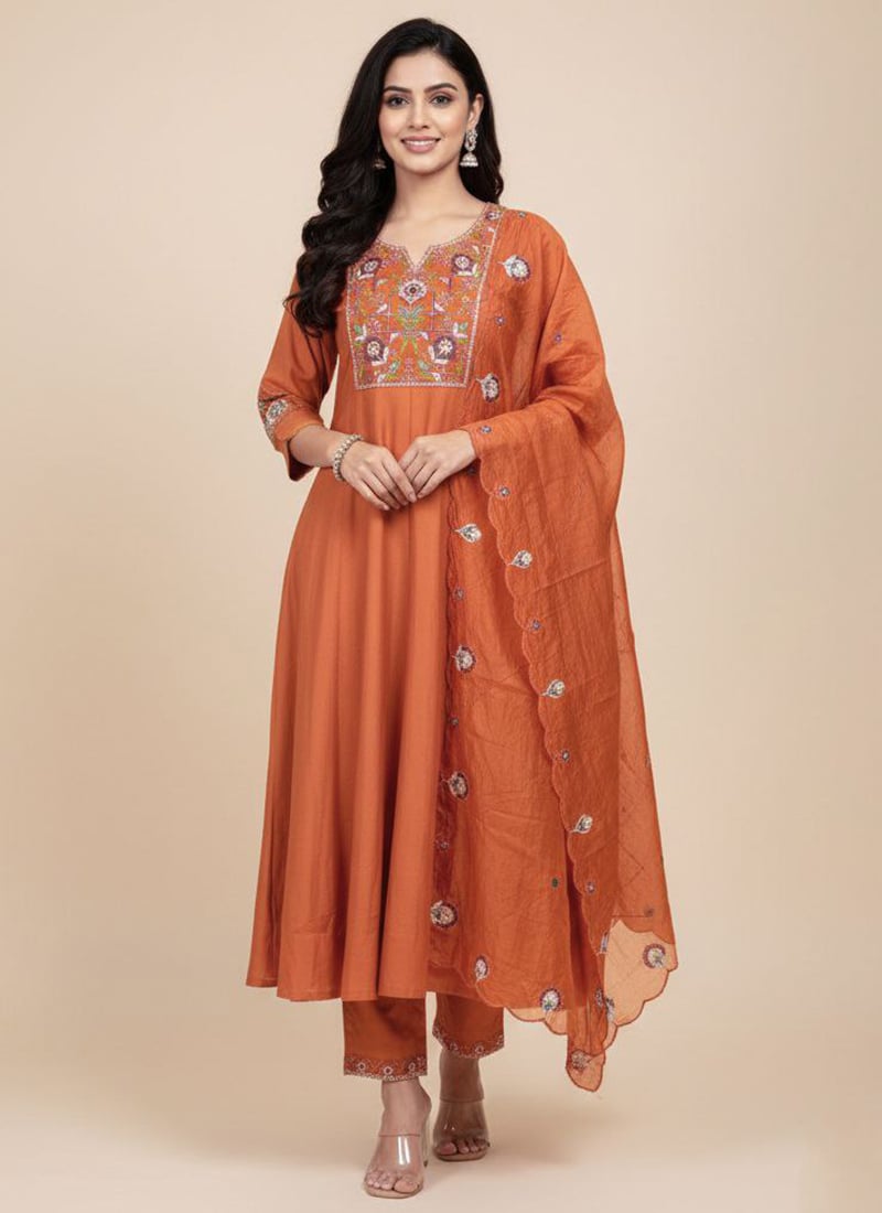 Elegant Orange Viscose Silk Embroidered Sequins Anarkali Suit Festive Wear