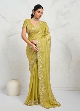 Elegant Parrot Green Chiffon Velvet Zari Embroidered Sequins Thread Saree