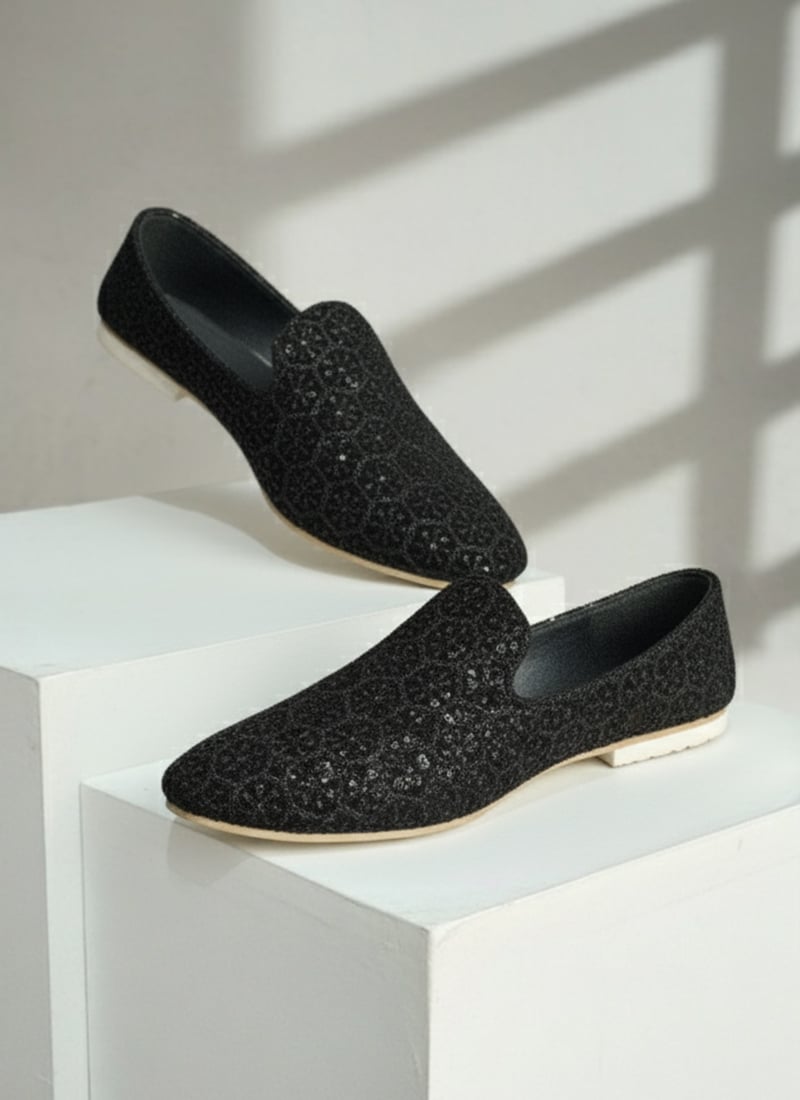 Elegant Party Wear Black Mojri With Sequins Detailing
