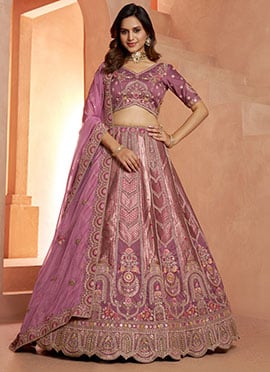Elegant Pastel Mauve Banarsi Silk Embroidered Lehenga