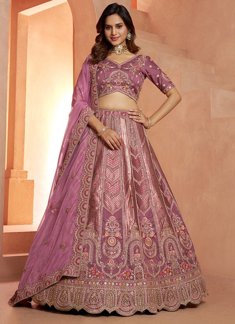 Elegant Pastel Mauve Banarsi Silk Embroidered Lehenga Wedding Wear