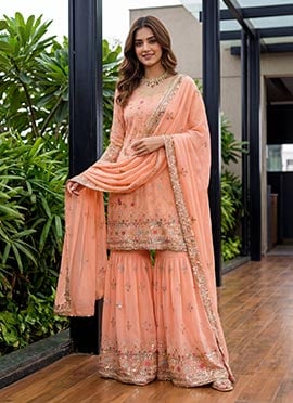 Elegant Peach Faux Georgette Embroidered Sequins Sharara Suit