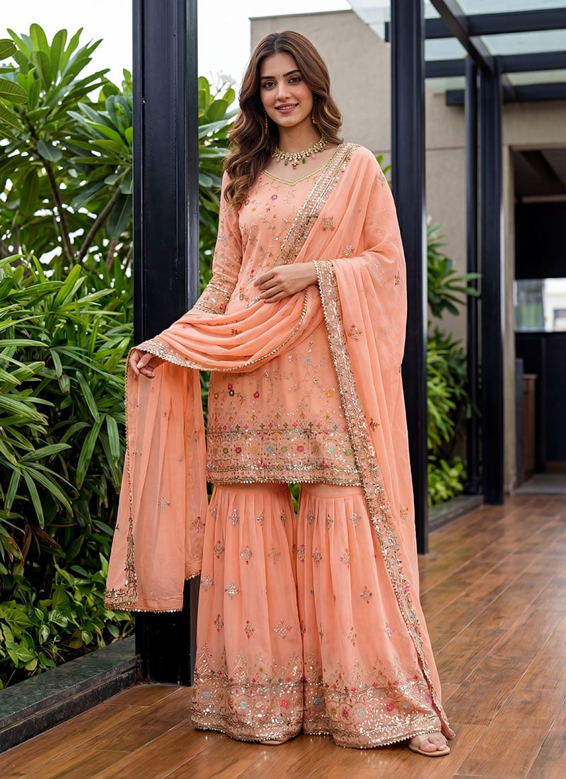 Elegant Peach Faux Georgette Embroidered Sequins Sharara Suit After Six Wear
