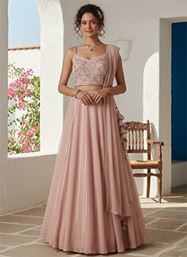 Elegant Peach Georgette Zari Hand Embroidered A Line Lehenga