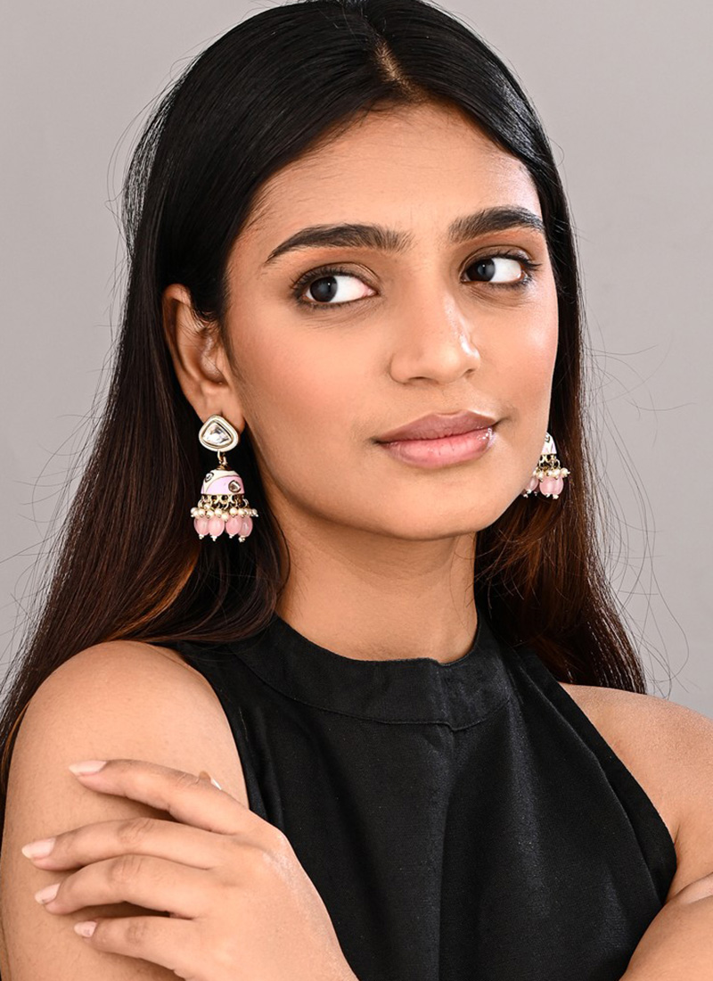 Elegant Peach Meenakari Stone Pearl Jhumka Festive Wear