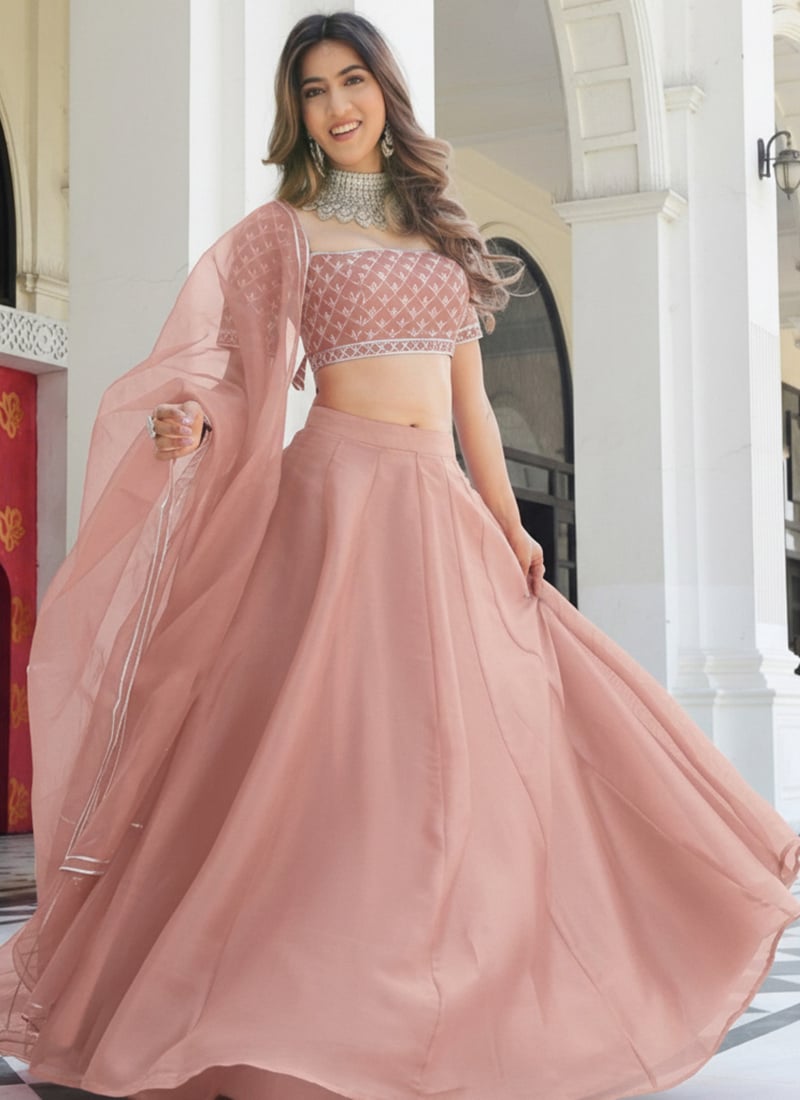 Elegant Peach Organza Embroidered Lehenga After Six Wear