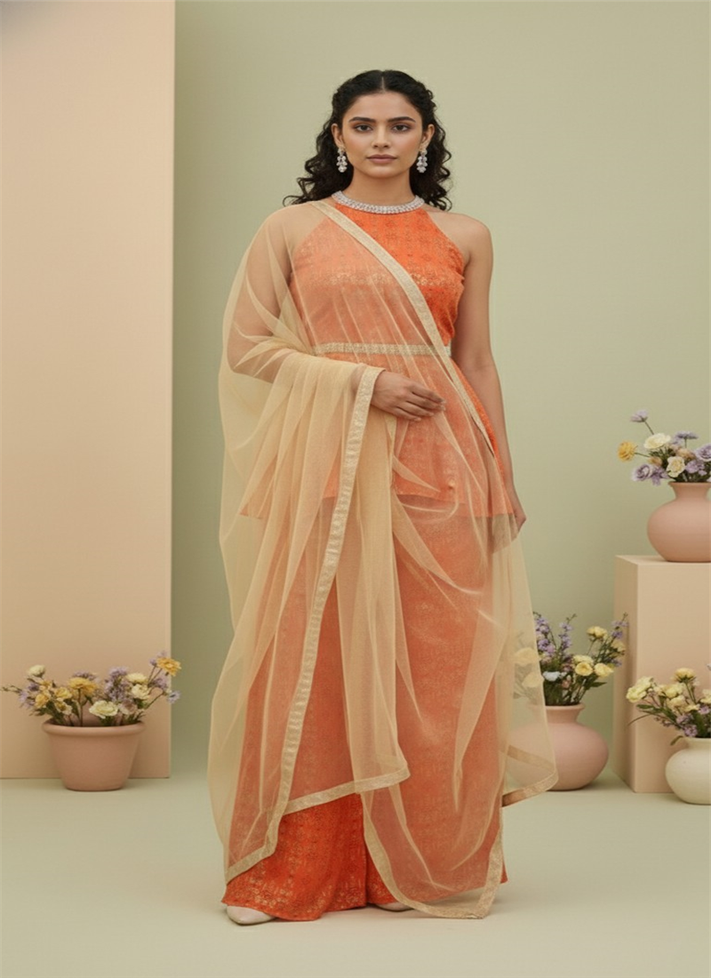 Elegant Peach Rayon Indowestern Palazzo Set  Festive Wear
