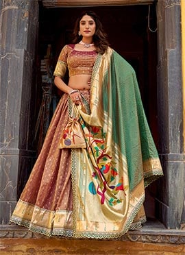 Elegant Peach Shimmer Organza Zari Embroidered Sequins Lehenga