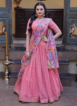 Elegant Pink Silk Zari Sequins Embroidered Umbrella Lehenga