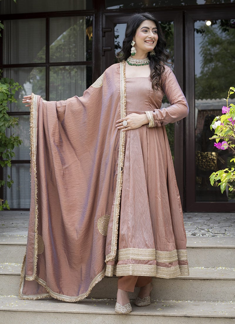 Elegant Peach Vichitra Silk Embroidered Sequins Anarkali Suit Festive Wear