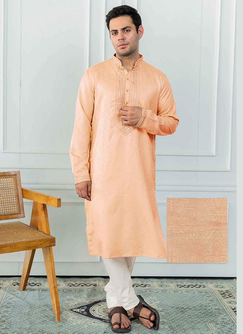 Elegant Peach Viscose Jacquard Wedding Kurta Pyjama Set Festive Wear