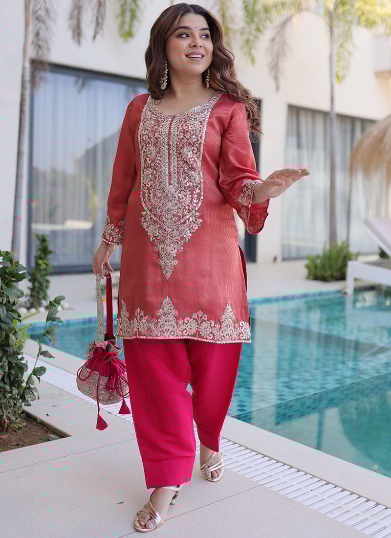 Elegant Peach Viscose Zari Sequins Embroidered Kurta Farshi Set Festive Wear