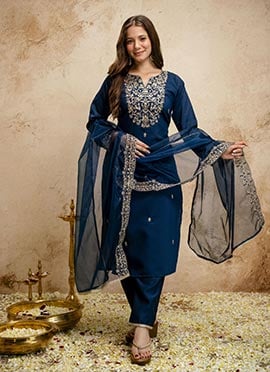Elegant Petrol Chanderi Embroidered Straight Pant Suit