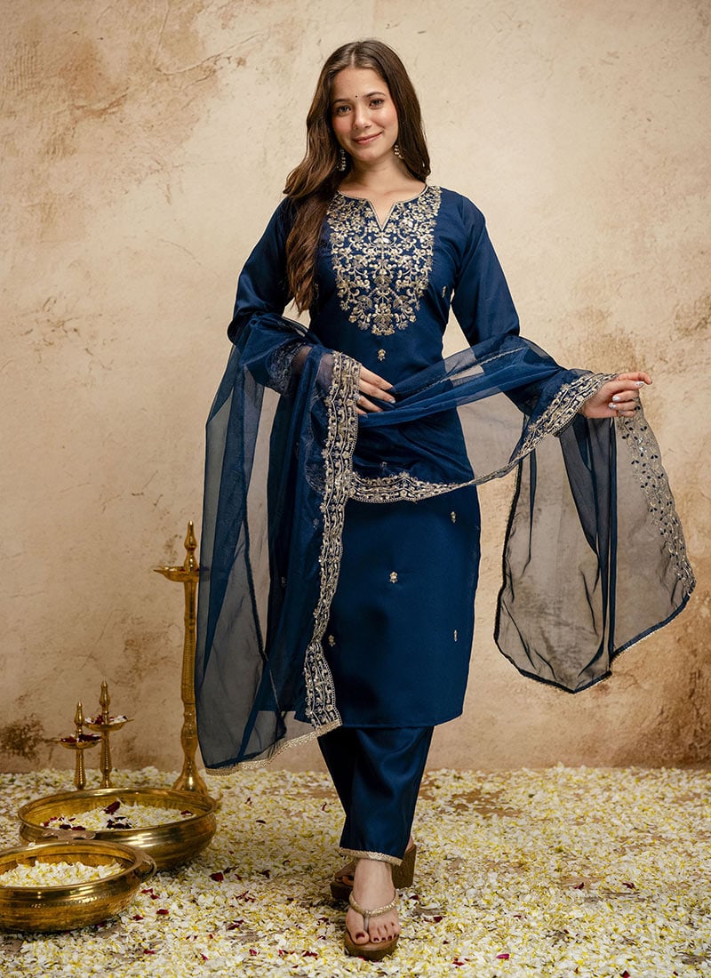 Elegant Petrol Chanderi Embroidered Straight Pant Suit After Six Wear