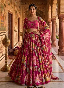 Elegant Pink Chinon Silk Sequins Beads Cutdana Hand Embroidered Lehenga