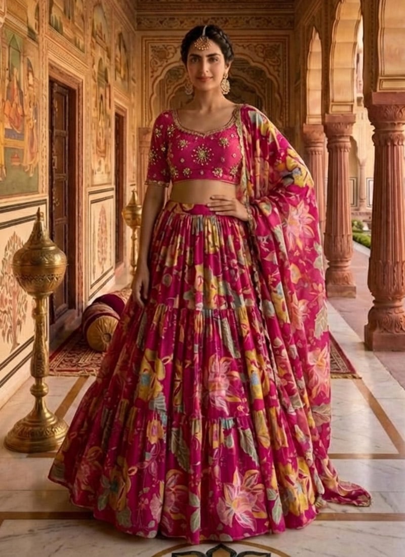 Elegant Pink Chinon Silk Sequins Beads Cutdana Hand Embroidered Lehenga Wedding Wear