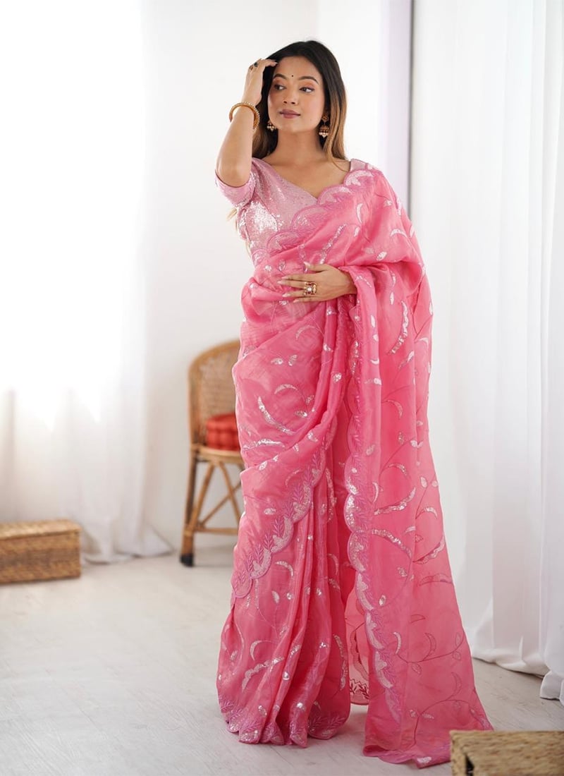 Elegant Pink Crush Silk Sequins Embroidered Thread Saree   After Six Wear