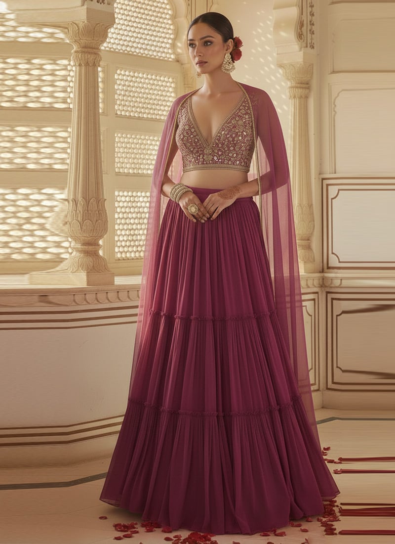 Elegant Pink Faux Georgette Zari Hand Embroidered Sequins Stone Work Lehenga Wedding Wear