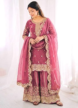 Elegant Pink Fendy Silk Embroidered Sequins Moti Palazzo Suit