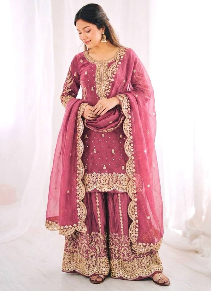 Elegant Pink Fendy Silk Embroidered Sequins Moti Palazzo Suit Festive Wear