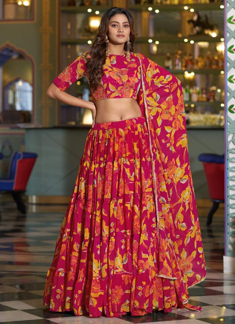 Elegant Pink Georgette Floral Printed Umbrella Lehenga After Six Wear