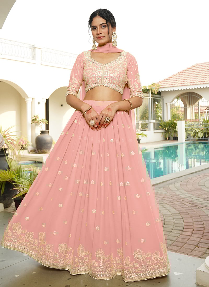 Elegant Pink Georgette Lehenga With Thread Embroidery And Sequins