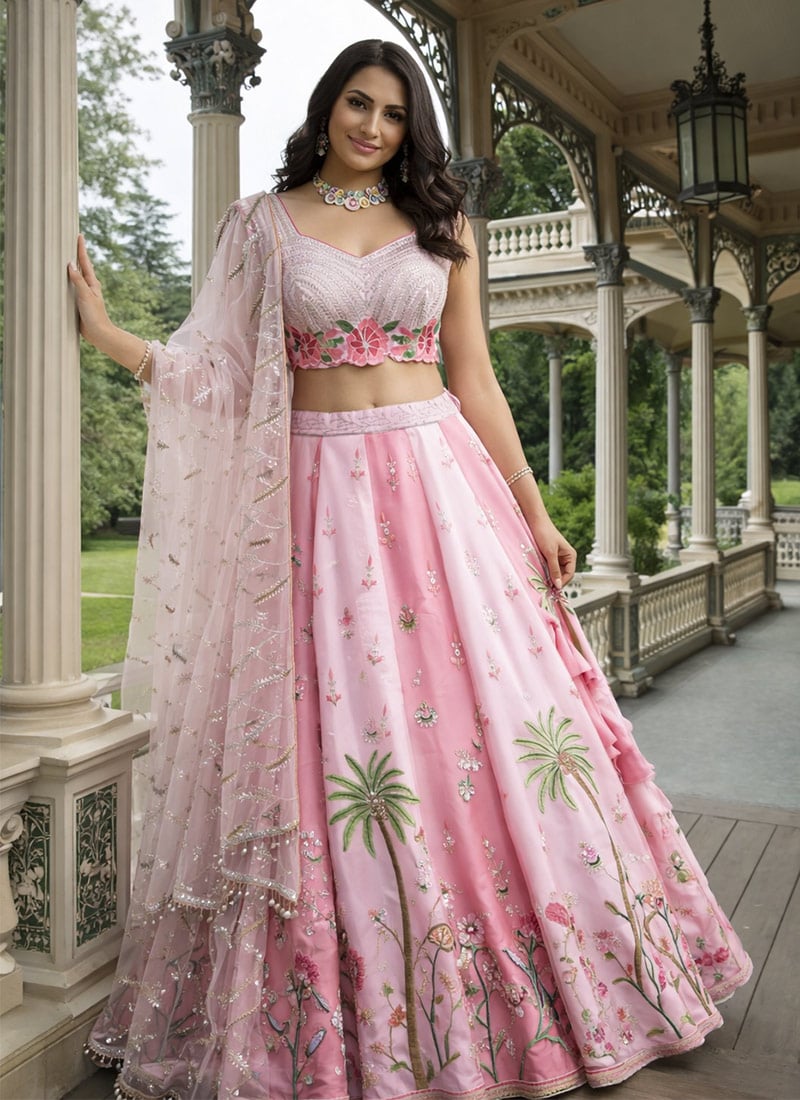 Elegant Pink Georgette Sequins Embroidered Thread Umbrella Lehenga Wedding Wear