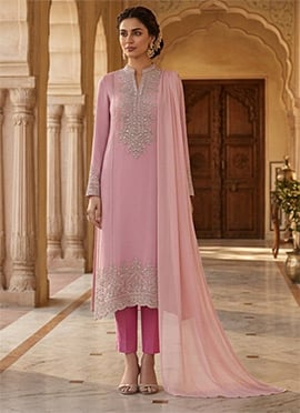 Elegant Pink Georgette Zari Foil Mirror Work Straight Pant Suit