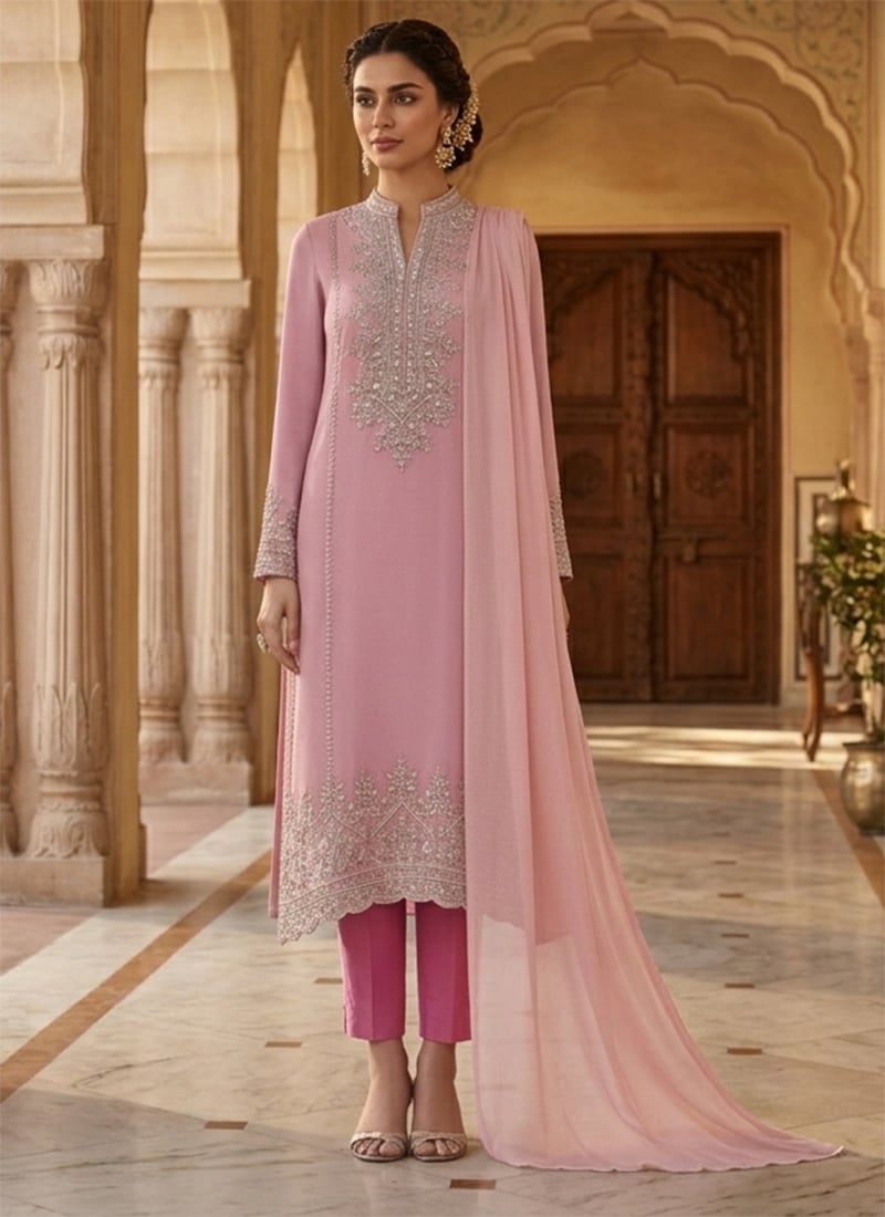 Elegant Pink Georgette Zari Foil Mirror Work Straight Pant Suit Festive Wear