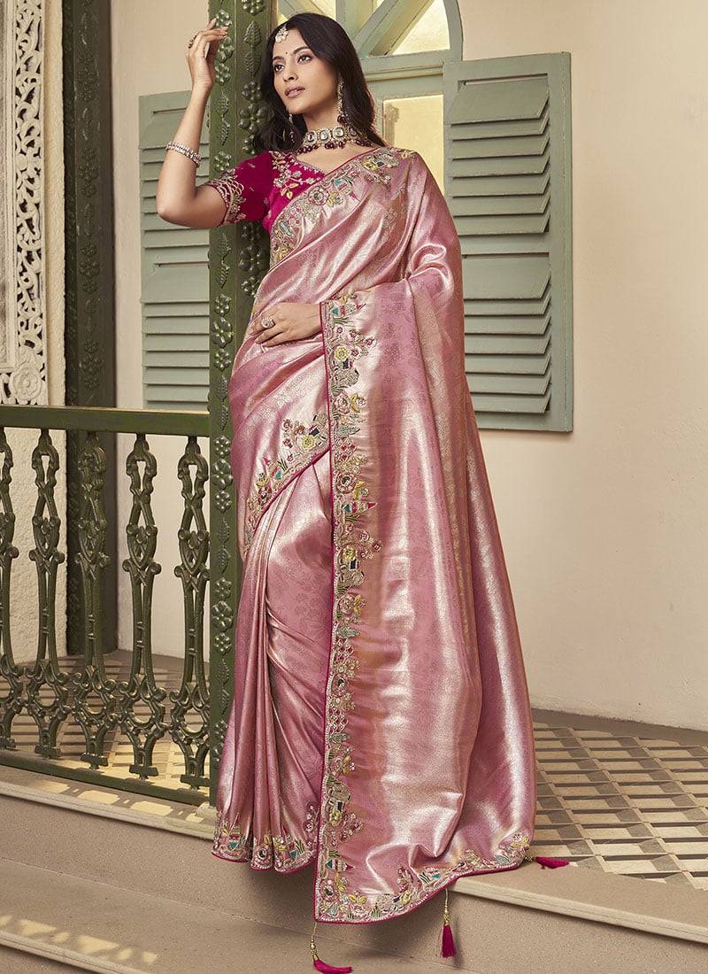 Elegant Pink Jacquard Silk Sequins Stones Hand Embroidered Thread Saree Wedding Wear