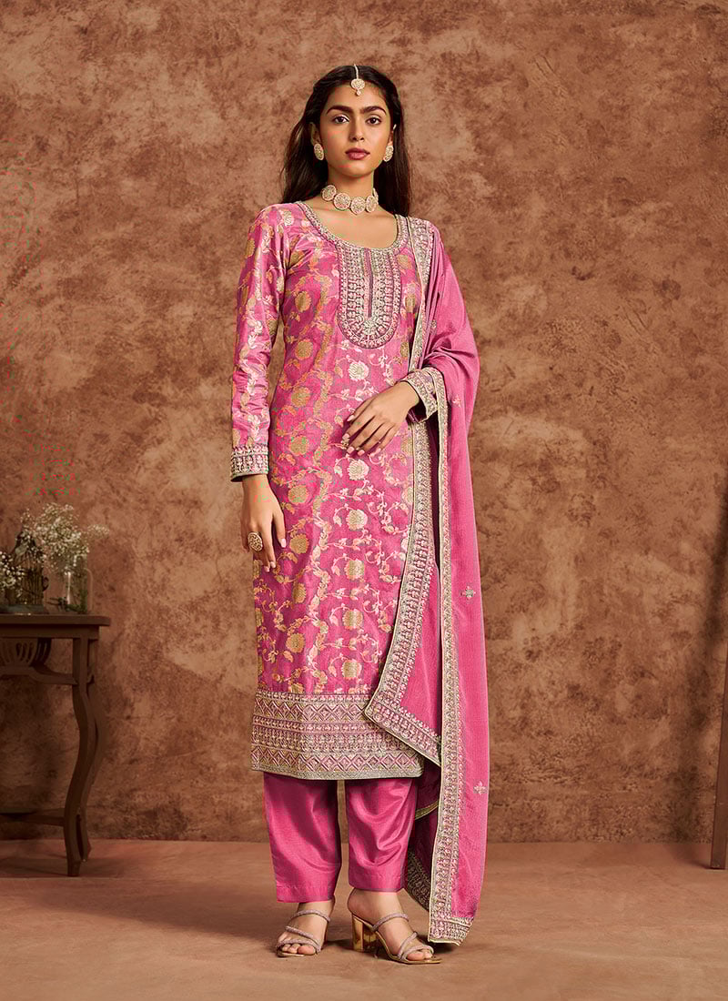 Elegant Pink Jacquard Silk Zari Sequins Straight Pant Suit Festive Wear