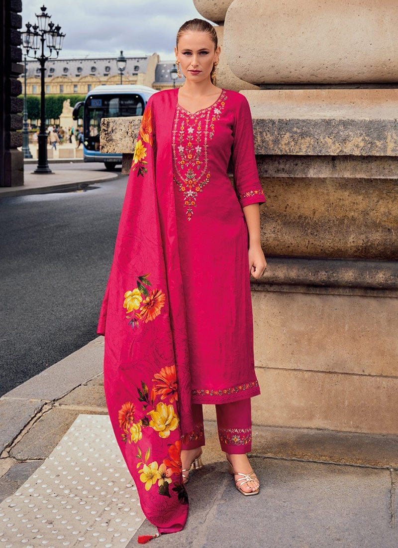 Elegant Pink Jacquard Viscose Straight Pant Suit With Digital Print And Hand Work After Six Wear