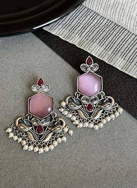 Elegant Pink Kundan Beads Oxidised Danglers