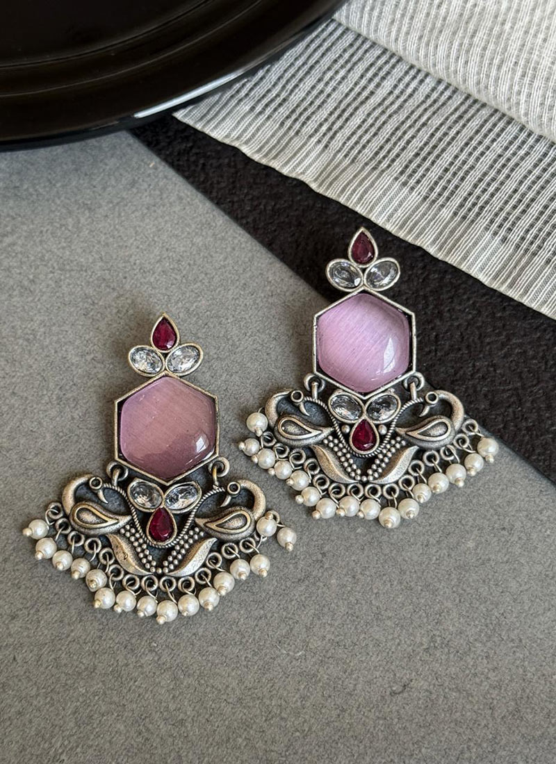 Elegant Pink Kundan Beads Oxidised Danglers Festive Wear