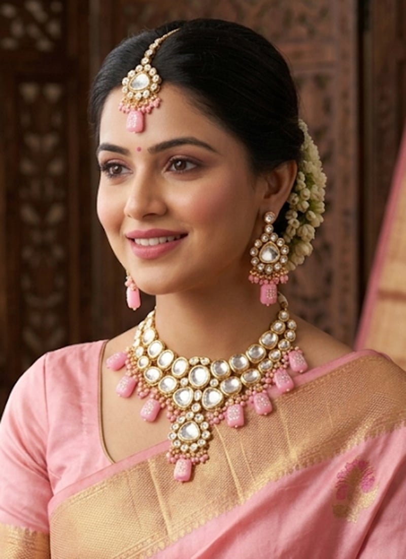 Elegant Pink Kundan Pearl Necklace Wedding Wear