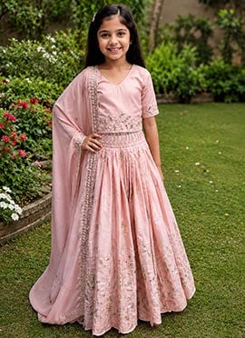 Elegant Pink Natural Crepe Embroidery Sequence Work Kids Girls Umbrella Lehenga