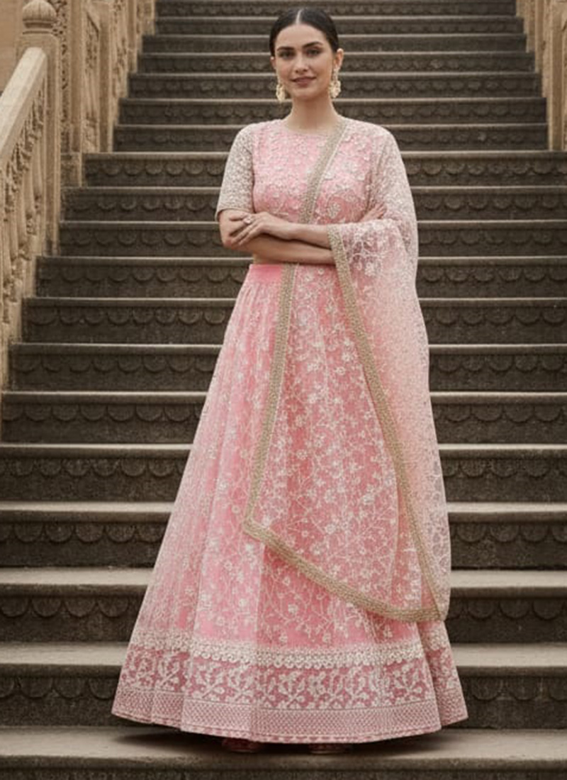 Elegant Pink Net Zari Sequins Embroidered A Line Lehenga Wedding Wear